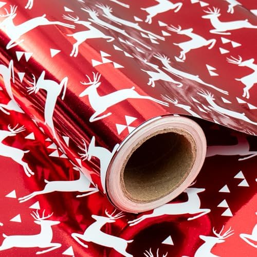 WRAPAHOLIC 30 Inch Jumbo Reversible Red Christmas Wrapping Paper - 30 Inch x 100 Feet Jumbo Roll Reindeer Wrapping Paper and Solid Red Design with Metallic Foil Shine for Christmas, Holiday, Party - Image 3