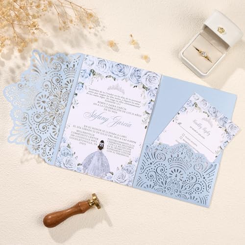 50PCS Tri-Fold Haze Blue Wedding Invitations with Envelopes and RSVP Cards - Image 2
