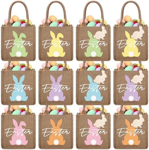 Huhumy 12 Pack Easter Burlap Bags with Tags Jute Bunny Baskets Egg Hunts Candy Gift Goodie Treat Tote Bags for Party Favor Bunny Egg Hunt Gift by Huhumy