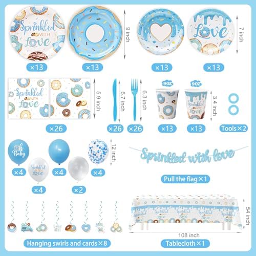 234 pcs Baby Boy Sprinkle Decorations (Serves 26 ), Blue Sprinkle Baby Shower Decorations, Included Plaates and Napkins Swirls, Balloons, Cake Topper, Blue Donut Baby Shower Decor - Image 4