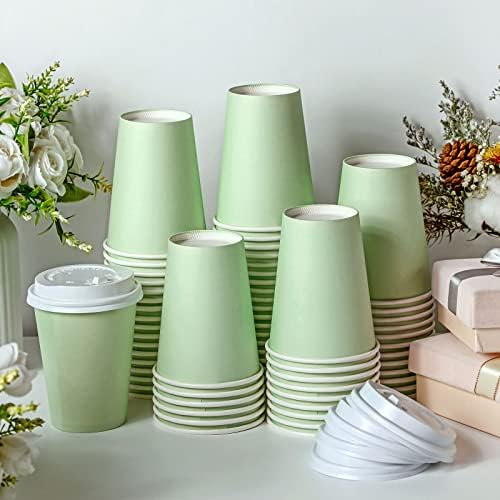 Funtery 100 Pcs Sage Green Disposable Coffee Cups with Lids 12 oz Sage Green Paper Cups for Baby Shower Bridal Shower Wedding Party Supplies Disposable Coffee Cup for Hot Cold Beverage Tea - Image 3