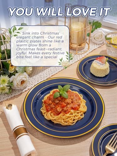 WDF Partyware 350PCS Navy Blue and Gold Plastic Plates with Rolled Napkins Include Dinner Plate 10’’, Dessert Plate 7’’, gold Cups 9 OZ, Pre Rolled Napkins for Birthday/Wedding/Party - Image 3