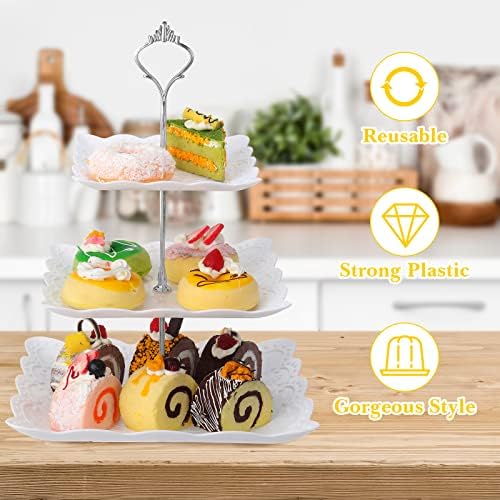 Sawysine 6 Pack 3 Tiered Serving Tray White Plastic Dessert Tower, Silver - Image 4