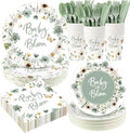 Funnymoom 400 Pcs Baby in Bloom Party Supplies for 50 Guests Green Floral Baby Shower Paper Plates and Napkins Knives Spoon Fork Cup Disposable Wildflower Dinner Party for Spring Greenery Favor by Funnymoom