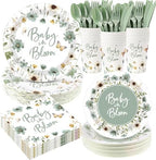 Funnymoom 400 Pcs Baby in Bloom Party Supplies for 50 Guests Green Floral Baby Shower Paper Plates and Napkins Knives Spoon Fork Cup Disposable Wildflower Dinner Party for Spring Greenery Favor by Funnymoom
