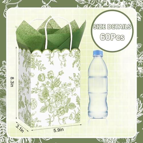 JarThenaAMCS 60Pcs Sage Green Wildflower Paper Gift Bag with Tissue Paper Chinoiserie Floral Treat Bags with Handles Candy Goodie Bags for Baby Shower Birthday Wedding Christmas Party Favors - Image 2