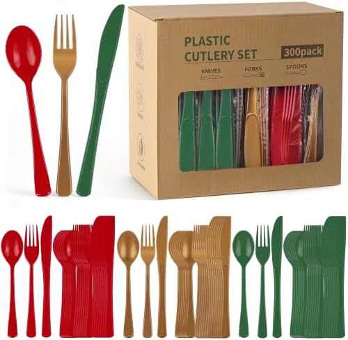 300Pcs Christmas Plastic Silverware Set, Disposable Full Size for Dinner by COSINIA