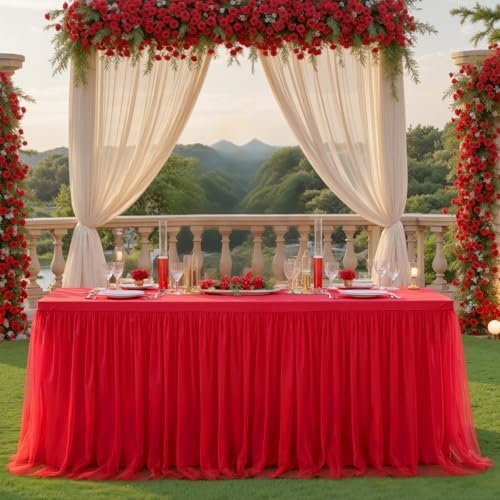 Red Tulle Tablecloth for 6 Foot Rectangular Tables 6ft Red Rectangle Table Cloth Wrinkle Free Table Cover with Tutu Skirt for Wedding Birthday Party Baby Shower Banquet Buffet Christmas Desk Skirt by Suppromo