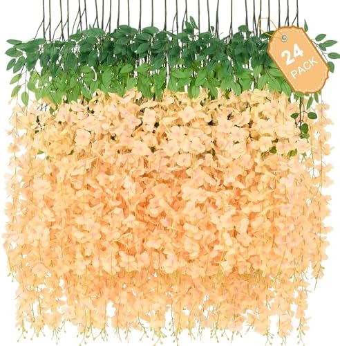 Waipfaru 24 Pack Wisteria Hanging Flowers, 3.6 Feet Champagne Wisteria Artificial Flowers, Artificial Fake Flower Garland, Hanging Vines for Bedroom Wedding Home Party Wall Decor (Champagne, 24pcs) by Waipfaru