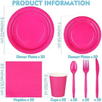 durony 350 Pieces Hot Pink Paper Dinnerware Set 7 Inch 9 Inch Disposable Dinner Plates Serve 50 Guests Paper Cup Cutlery Napkins Solid Color Party Supplies for Birthday Wedding Party Family Picnic - Image 2