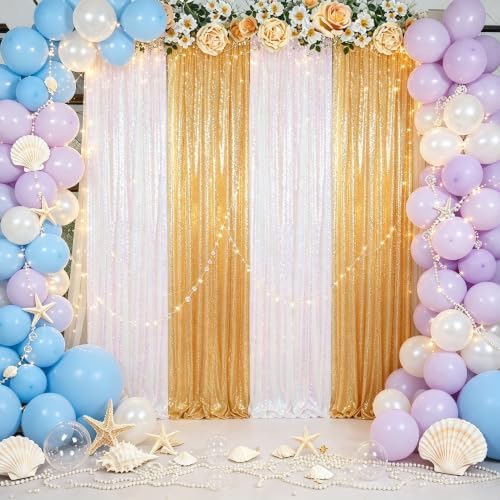ShinyBeauty Sequin Photo Backdrop Curtains Gold Transparent White 2x8FT - Image 5