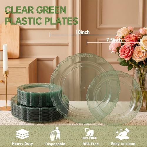 Tinybee 60PCS Clear Green Plastic Plates,Green Plates Disposable Heavy Duty - Image 2