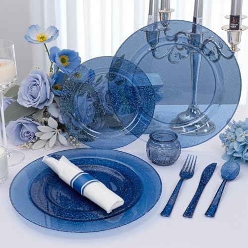 DaYammi 210PCS Cobalt Blue Glitter Plastic Dinnerware Set for 30 Guests - Image 3