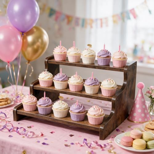 3-Tier Rustic Wood Cupcake Stand & Dessert Display Riser with Handles - Image 4