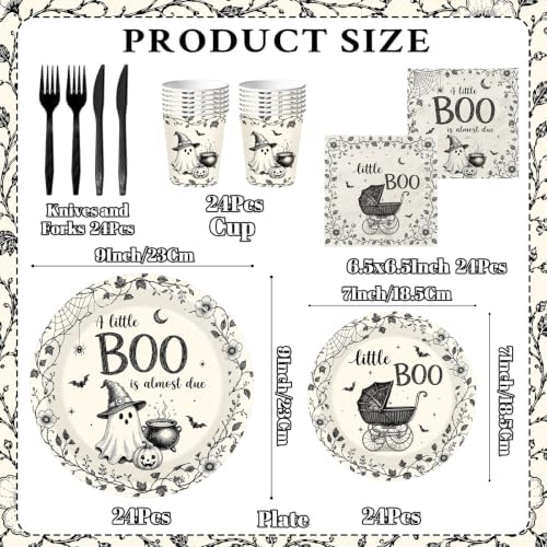 144 Pcs A Little Boo Is Almost Due Baby Shower Plates and Napkins Cups Party Supplies Disposable Vintage Little Boo Tableware Set for Halloween Baby Shower Decorations - Image 3