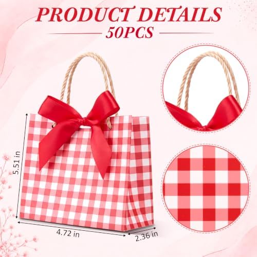 FunooFuno 50 Pack Red Gingham Gift Bags with Bows, Berry First Birthday - Image 2