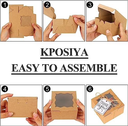KPOSIYA 120pcs Small Cookie Boxes with Window, 4x4x2.5 Brown Bakery Box - Image 6