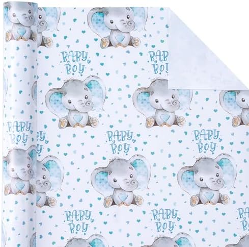 WRAPAHOLIC Jumbo Baby Boy Wrapping Paper - 30 Inch x 100 Feet Jumbo Roll - Adorable Blue Elephant Design for Baby Shower, Party, Holiday - Image 3