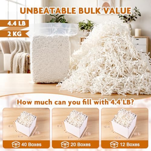 AFOROEOA Crinkle Cut Paper Shred Filler 4.4LB/2KG Bulk, Recyclable Gift Basket Filler for Christmas Easter Birthday Wedding Hamper Packaging, Shredded Paper for Gift Boxes, White - Image 5