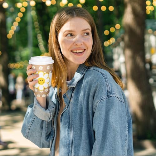 Whaline 50 Pcs Summer Daisy Disposable kraft Paper Cups with Lids and Sleeves 16 Oz Boho Groovy Smile Daisy Flower Coffee Cups for Summer Wedding Birthday Table Decor Party Supplies - Image 5