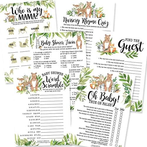 25 Woodland Word Scramble For Baby Shower, 25 True Or False Game, 25 Trivia Game, 25 Find The Guest, 25 Baby Animal Matching, 25 Nursery Rhyme Game - 6 Double Sided Cards Baby Shower Ideas by HadleyDesigns