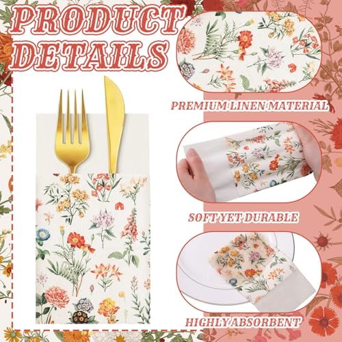 Potchen 100 Pcs Linen Feel Napkins Disposable, Vintage Wildflower - Image 3