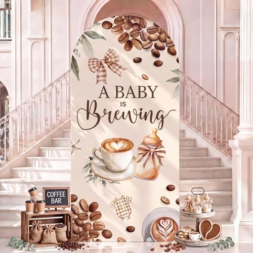 Tegeme 7.2ft A Baby Brewing Arch Backdrop Cover Coffee Themed Baby Shower Decoration Large Brown Coffee Bean Theme Backdrop Party Favor for Gender Reveal Welcome Boy Girl Party Supply Decorations by Tegeme