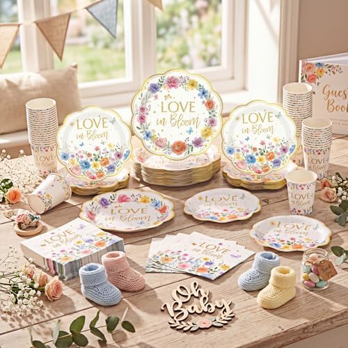 Pickmesh 250 Pcs Love in Bloom Bridal Shower Disposable Tableware Set Floral Love in Bloom Disposable Paper Plates Napkins and Cups for Wedding Party Supplies Bridal Shower Engagement, Serve 50 Guest - Image 4