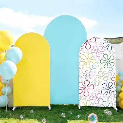 JarThenaAMCS 3 Pcs Cartoon Sponge Birthday Party Decorations Yellow Blue Arch Cover Colorful Bikini Floral Backdrop Photography Background for Birthday Baby Shower Photo Booth Props(4ft/5ft/6ft) by JarThenaAMCS