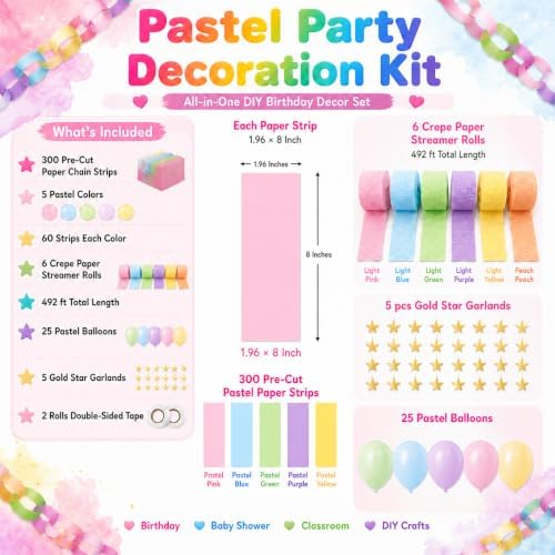 Paper Chain Garland, Crepe Paper Streamers Pastel Balloon Star Garland - Image 4