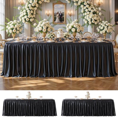 2 Pack 8ft Black Satin Tablecloths for Rectangle Tables Spandex Table Cover by PartyTalk