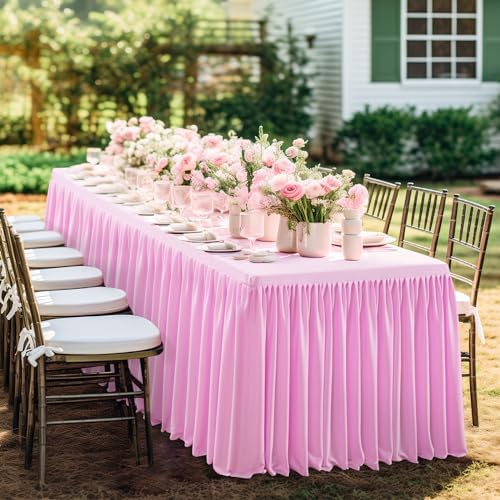 Pink Polyester Table Cloth for Rectangle Tables 6ft, Wrinkle Free Fitted Table Cover 6ft Stretch Tablecloths with Pleated Ruffle Skirt for Parties Weddings Birthday Banquet Baby Shower - Image 5