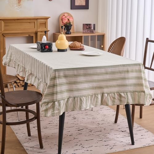 vctops Farmhouse Sage Green Stripe Ruffle Table Cloth, Boho Cotton Linen Tablecloth, Washable Table Cover for Rectangle Table Baby Shower Kitchen Party Wedding Decor (Green A,55"x118") - Image 2
