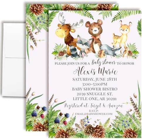 Amanda Creation Custom Baby Shower Invitations, 20 Personalized 5x7 Woodland Baby Shower Invites with White Envelopes, Customizable Forest Animal Design by AmandaCreation