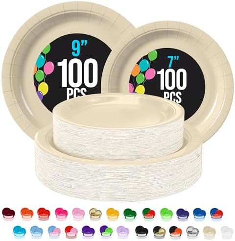 Party Solids Exquisite Ivory Paper Plates Disposable Heavy Duty 200 Pcs - 100-7 & 100-9 Ivory Disposable Plates for Party Heavy Duty 350 GSM for Birthday Supplies by PartySolids