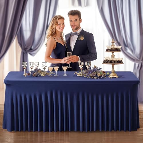 PARTISKY Navy Blue Spandex Tablecloth for 6ft Rectangle Tables, Stretchable Table Cover Skirt for Folding Tables Weddings Parties Banquets Events Trade Shows and Dessert Table - Image 2