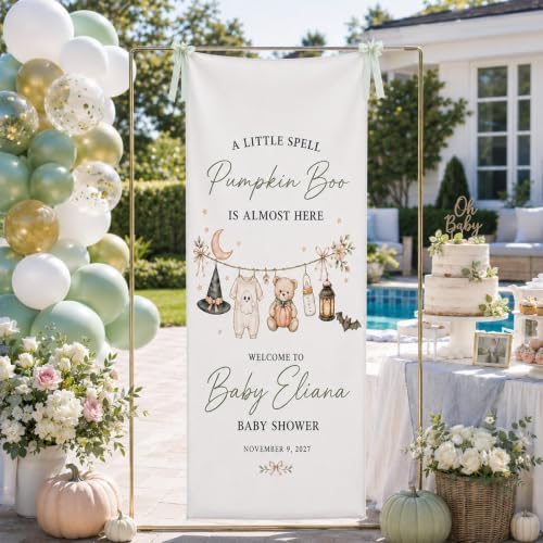 A Little Spell Pumpkin Boo Sage Green Halloween Baby Shower Welcome Banner by Custom