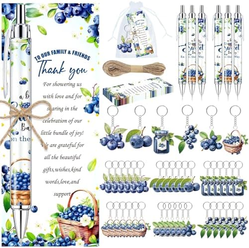 145 Pieces Blueberry Baby Shower Favors for Guest BlueBerry Sweet Baby Ballpoint Pens and Keychains Gifts Bulk Retractable Baby Shower Pens Gender Reveal Greeting Cards Souvenirs Prizes by EYNDYN