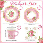 200Pcs Floral Tea Cups and Saucers for Tea Party Supplies, Disposable Tea Cups with Handle and Paper Napkins Dinnerware for Floral Theme Birthday Wedding Bridal Shower Baby Shower（Pink） - Image 3