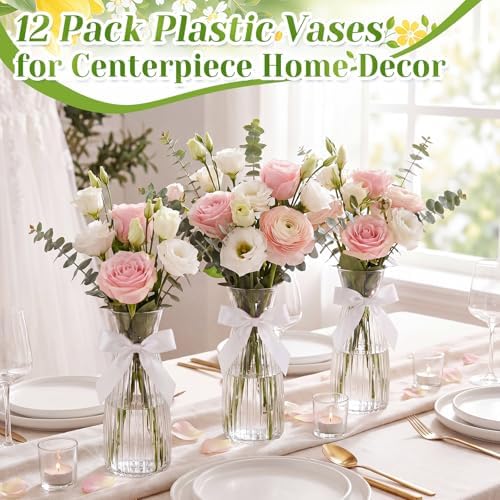 LemonRoad 12 Pcs Vintage Plastic Vases for Centerpieces Small Clear Flower Vase with Beige Ribbon for Farmhouse Wedding Housewarming Pink Birthday Party Favors Rustic Home Tabletop Decoration - Image 6