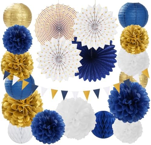 Navy-Blue White Gold Graduation Party-Decorations Fan kit + Paper Garlands Kit - Image 7