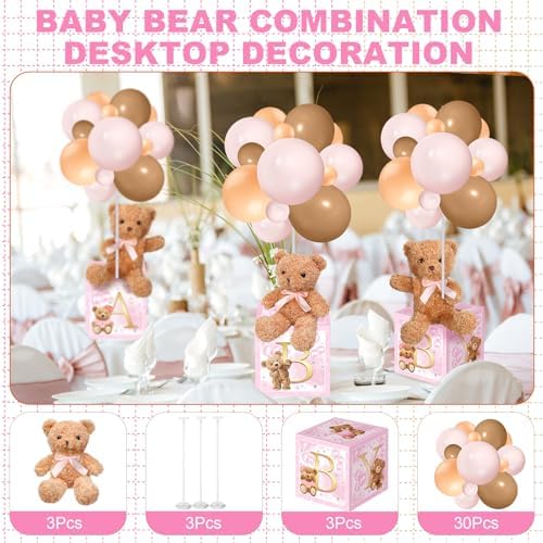 Lenwen 3 Sets Jungle Animal Decoration for Baby Shower Letter Boxes Baby Shower Table Centerpiece Stuffed Animals Balloon with Stand Plush Boxes for Party(Pastel,Bear) - Image 2