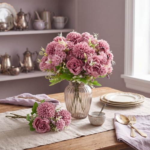 Tigeen 24 Bundles Artificial Flowers Bouquet Silk Peonies, Dusty Purple - Image 6