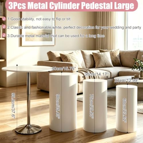 HAISIWLKJ 3PCS Cylinder Pedestal Stands for Parties, White Metal Round Cylinder Plinths Dessert Table Display Pillars for Birthday Wedding Bridal Baby Shower Party Decorations(Large) - Image 2