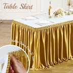 14ft Length Dark Gold Satin Table Skirt for Rectangle Tables-Wrinkle Resistant Ruffle Table Skirting Glitter Desk Cover Skirt for Birthday Party Wedding Banquet Display Gift Dining Table Decorations - Image 4