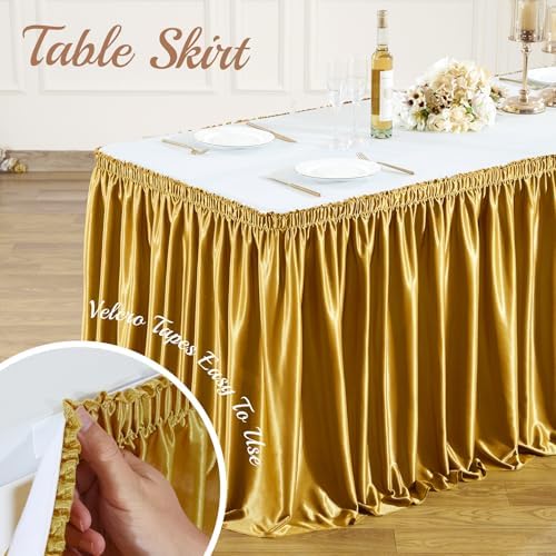 14ft Length Dark Gold Satin Table Skirt for Rectangle Tables-Wrinkle Resistant Ruffle Table Skirting Glitter Desk Cover Skirt for Birthday Party Wedding Banquet Display Gift Dining Table Decorations - Image 4