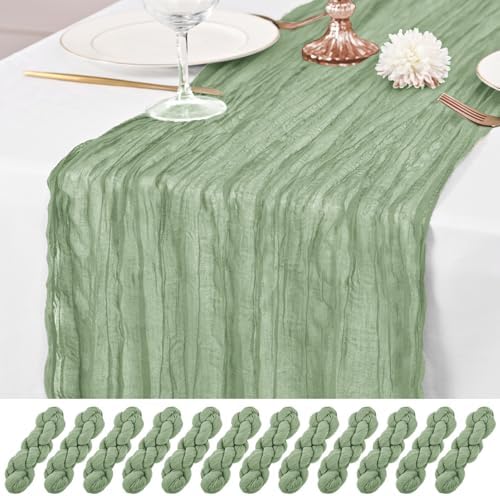 12 Pack Sage Green Table Runner 10Ft Cheesecloth Table Runner Rustic Gauze Table Runners Romantic Long Sage Sheer Fabric Cheese Cloth Table Runners for Wedding Party Bridal Baby Shower by Lumaycens