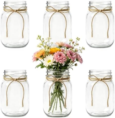 6 PCS 16oz Glass Mason Jars Flower Vases for Centerpieces, Clear by ZHURUININ