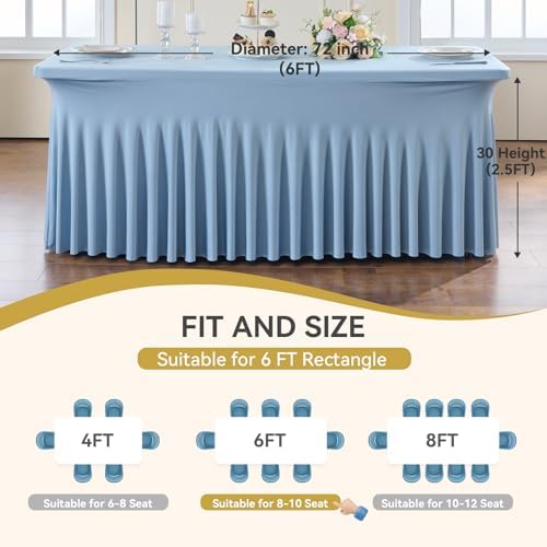 Spandex Tablecloth 6FT Rectangle Table Cover 4 Pcs Dusty Blue Wrinkle-Free - Image 6