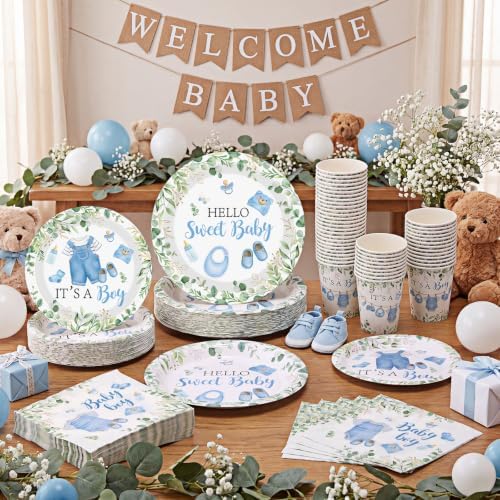 Pickmesh 250 Pcs Blue Boy Baby Shower Disposable Tableware Set Hello Sweet Boy Paper Plates Napkin Cup Cutlery with Sage Decoration for Gender Reveal Birthday Party Supply Baby Shower, Serve 50 Guest - Image 4
